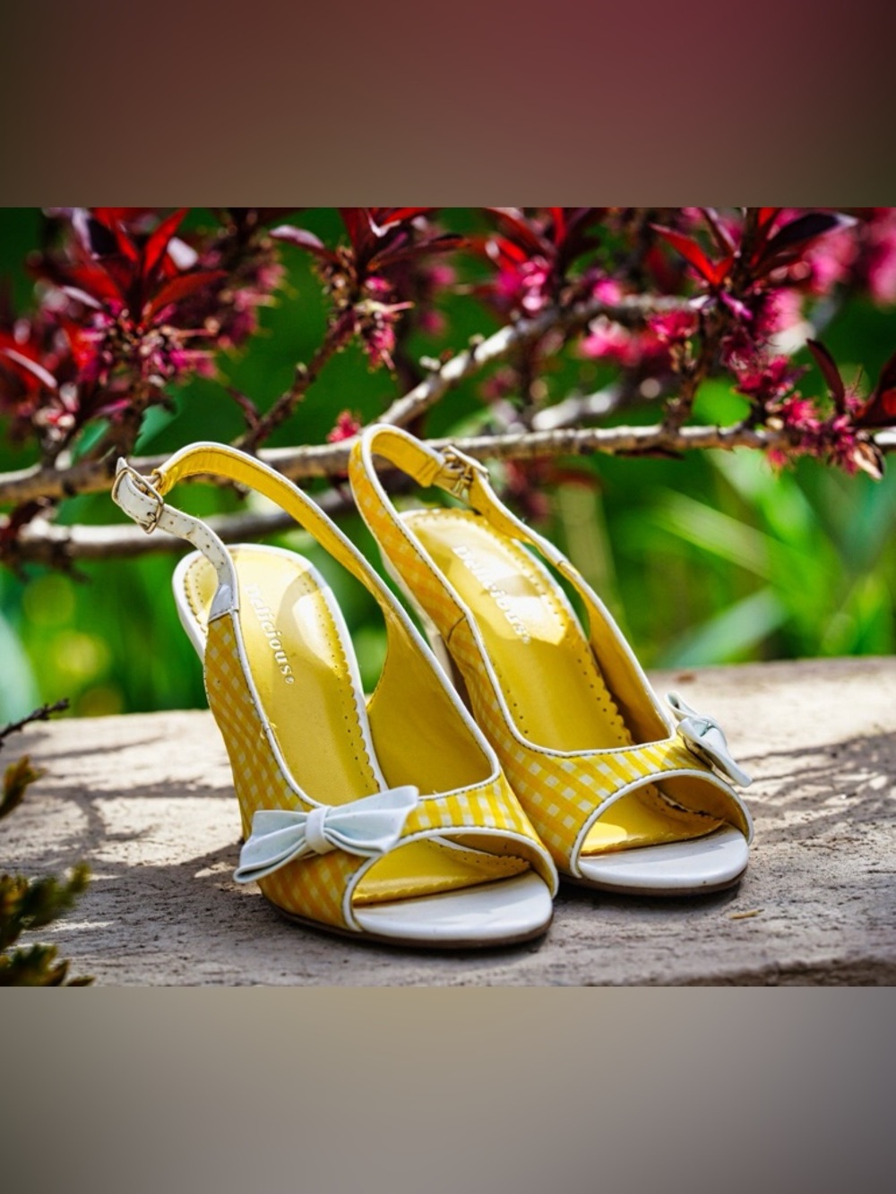 Delicious Yellow & White Gingham Peep Toe Slingback Heels - Picture 6 of 15